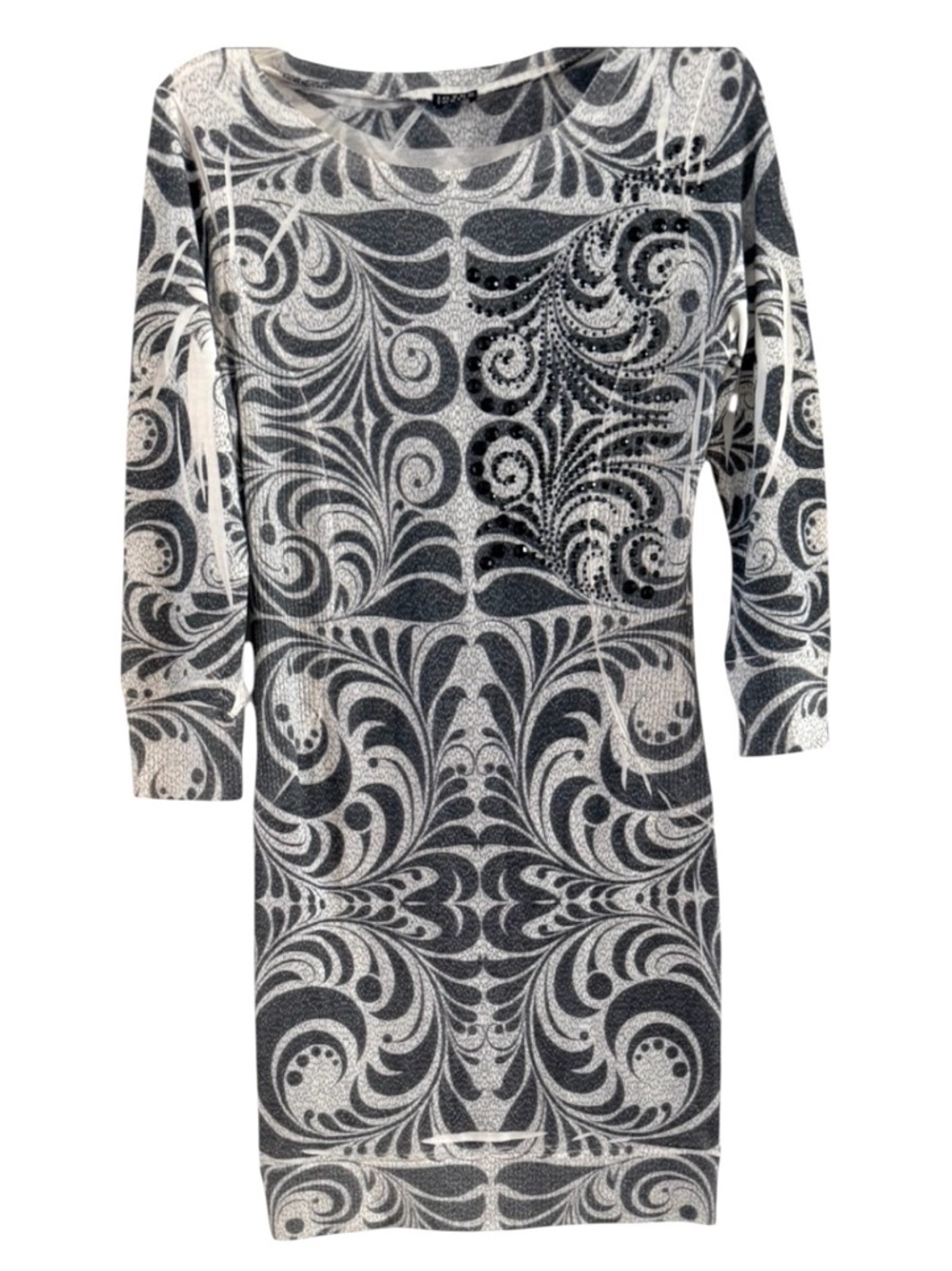 Vintage Joyce Leslie Gray Black Scoll Print Rhinestone Embellished Mini Dress L